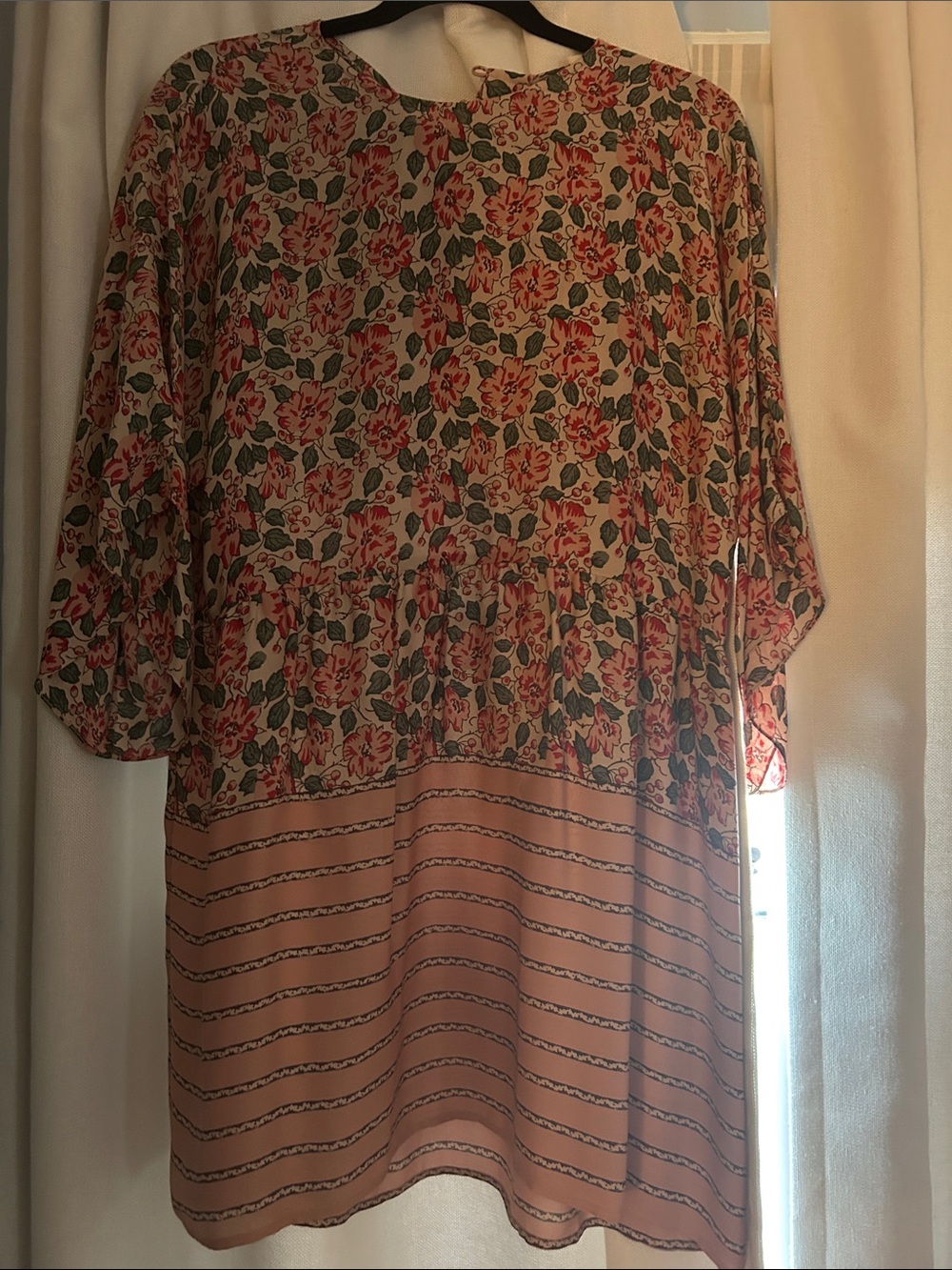 THE GREAT. Pink Floral Tiered Mini Dress with Green Leaf Print